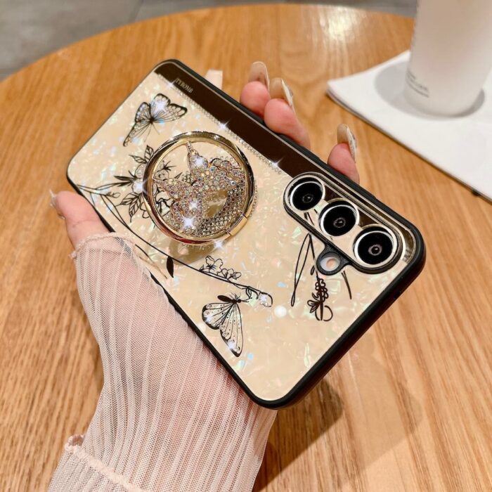 3D Butterfly Kickstand Bling Glitter Diamond Marble Ring Stand Shockproof Women Girls Rhinestone Phone Case - Image 2