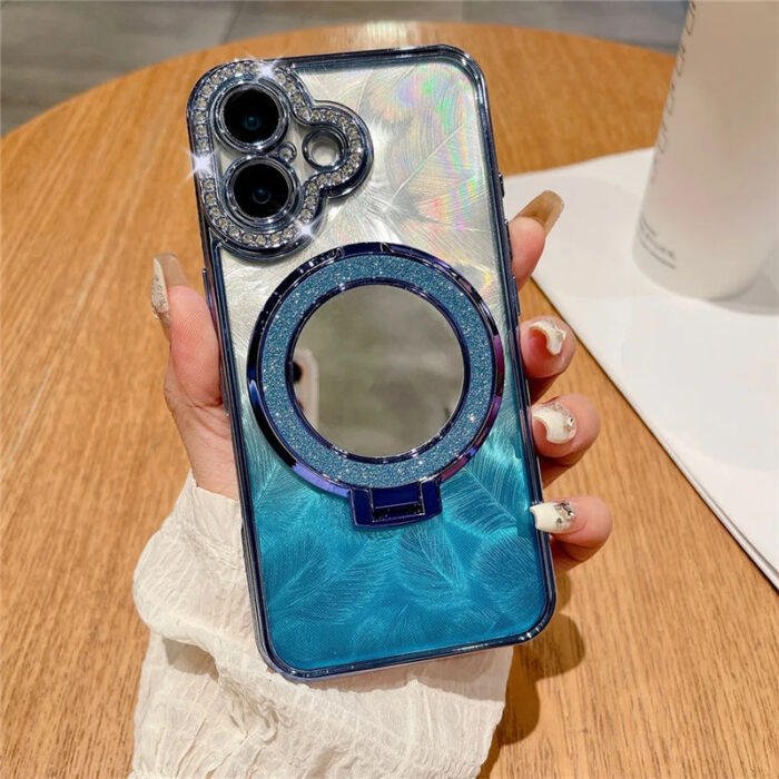 Rhinestone Gradient Feather Magnetic Bracket Phone case for iPhone 16ProMax 13 Mirror Makeup Plating 14/15pro Girls Soft Shell - Image 6