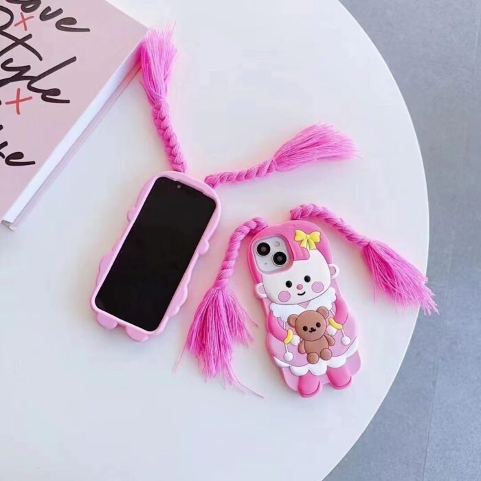 3D Cute Pink Braid Girl Silicone Drop- Proof Phone Case - Image 6