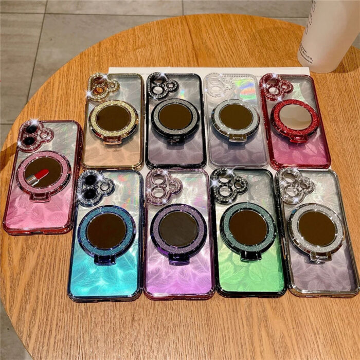 Rhinestone Gradient Feather Magnetic Bracket Phone case for iPhone 16ProMax 13 Mirror Makeup Plating 14/15pro Girls Soft Shell - Image 1