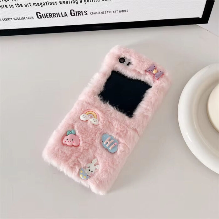 Girly Pink White Plush Phone Case for Samsung Galaxy Z Flip - Image 3