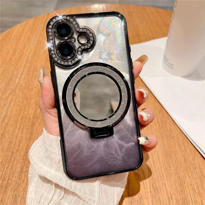 Rhinestone Gradient Feather Magnetic Bracket Phone case for iPhone 16ProMax 13 Mirror Makeup Plating 14/15pro Girls Soft Shell - Image 5