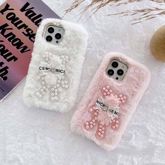 High Quality TPU Warmer Fur Girls Woman Winter Shockproof Cartoon Pearl Bear Phone Cases - Image 6