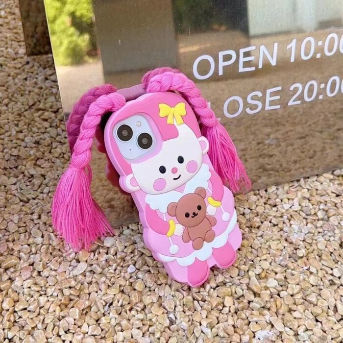 3D Cute Pink Braid Girl Silicone Drop- Proof Phone Case - Image 5