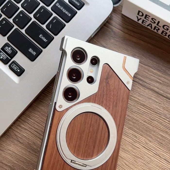 Borderless Phone Cover Wood Grain Aluminum Alloy Holder Magnetic Phone Case - Image 2