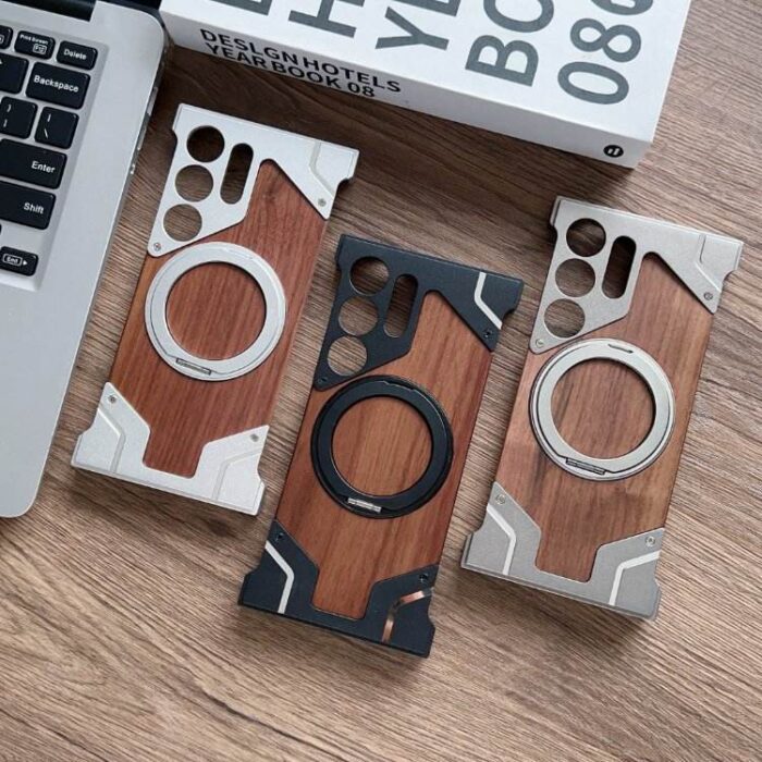 Borderless Phone Cover Wood Grain Aluminum Alloy Holder Magnetic Phone Case - Image 6