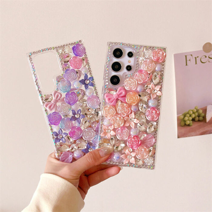 Luxury Women Girls Bling Glitter Crystal Bow Rose Flower Diamond Phone Case - Image 2