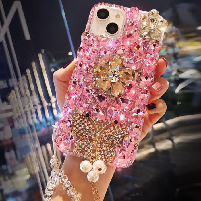 Creative Butterfly Pendant Design Covered With Diamond Hard Transparent Acrylic TPU Mobile Phone Case - Image 1