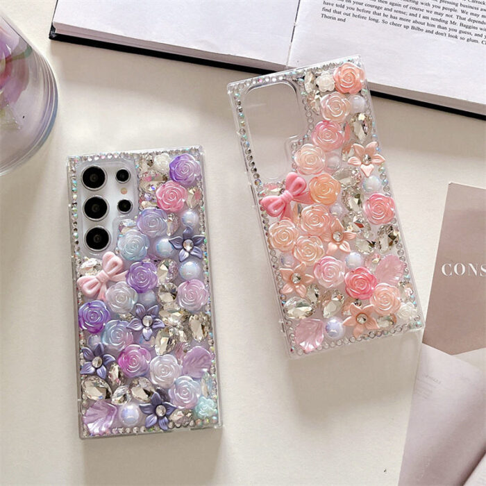 Luxury Women Girls Bling Glitter Crystal Bow Rose Flower Diamond Phone Case - Image 3