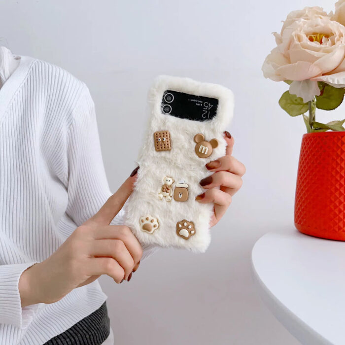 Girly Pink White Plush Phone Case for Samsung Galaxy Z Flip - Image 6
