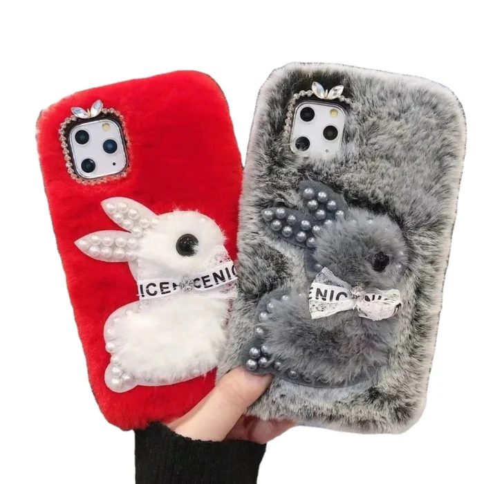 High Quality TPU Warmer Fur Girls Woman Winter Shockproof Cartoon Pearl Bear Phone Cases - Image 7