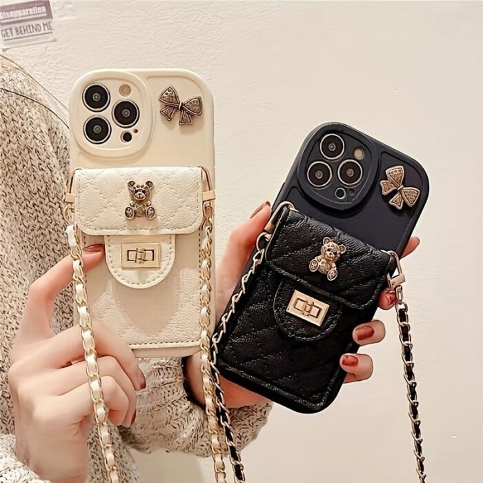 H8625917911f0437d95ee98ffc97b33e5a.jpg_960x960q80 3D Bow Cartoon Bear Premium Mobile Cover PU Leather Soft With Lanyard Bag Phone Case - Image 1