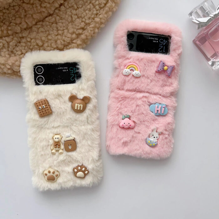 Girly Pink White Plush Phone Case for Samsung Galaxy Z Flip - Image 7