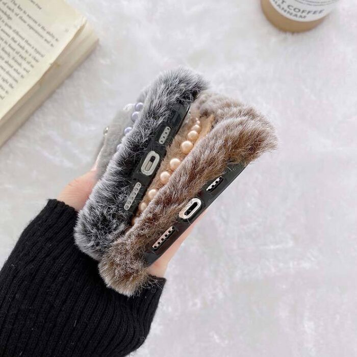 High Quality TPU Warmer Fur Girls Woman Winter Shockproof Cartoon Pearl Bear Phone Cases - Image 5