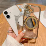 Rhinestone Gradient Feather Magnetic Bracket Phone case for iPhone 16ProMax 13 Mirror Makeup Plating 14/15pro Girls Soft Shell - Image 2