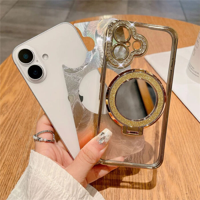 Rhinestone Gradient Feather Magnetic Bracket Phone case for iPhone 16ProMax 13 Mirror Makeup Plating 14/15pro Girls Soft Shell - Image 2