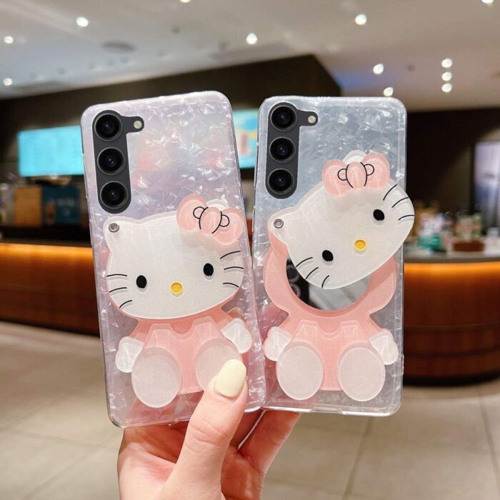 Hello Cute  Kitty Makeup Mirror Pink Shell Texture Phone Case - Image 3