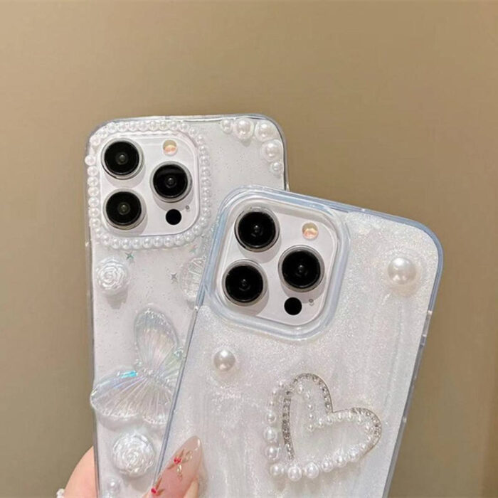 Fashion Girls Transparent Epoxy Heart Shaped Pearl butterfly Phone case - Image 3
