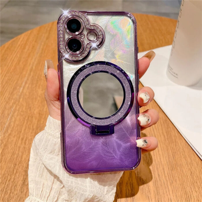 Rhinestone Gradient Feather Magnetic Bracket Phone case for iPhone 16ProMax 13 Mirror Makeup Plating 14/15pro Girls Soft Shell - Image 4