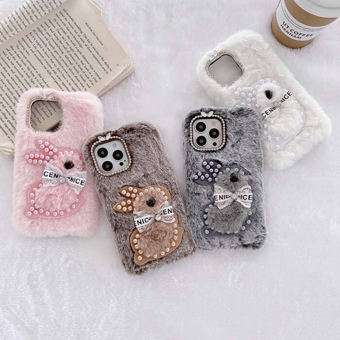 High Quality TPU Warmer Fur Girls Woman Winter Shockproof Cartoon Pearl Bear Phone Cases - Image 4