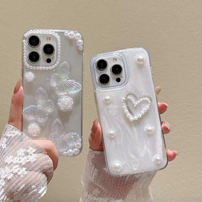 Hcb17e007865544e9b6708633a8d43478n.jpg_960x960q80 Fashion Girls Transparent Epoxy Heart Shaped Pearl butterfly Phone case - Image 1