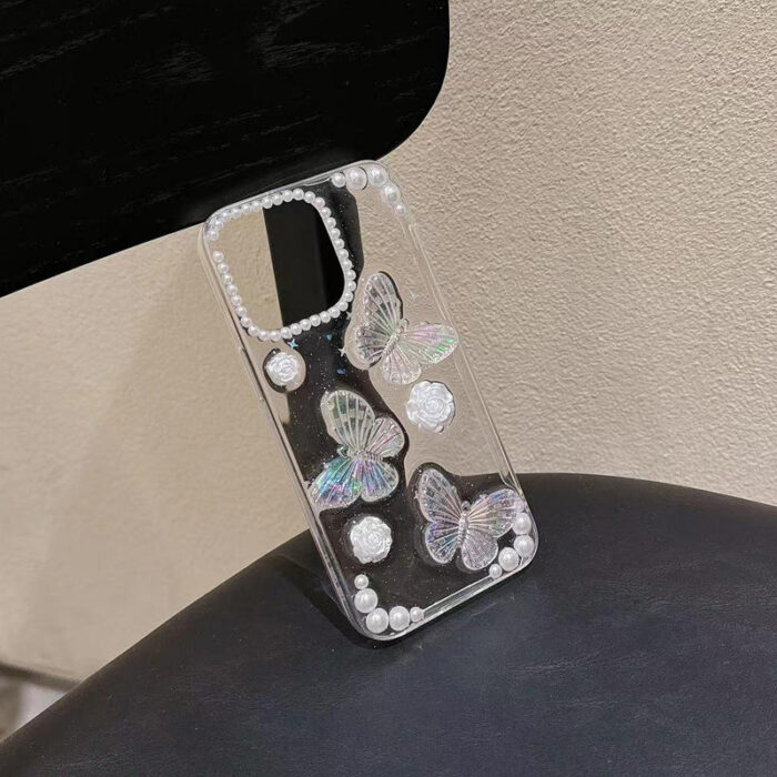 Fashion Girls Transparent Epoxy Heart Shaped Pearl butterfly Phone case - Image 5