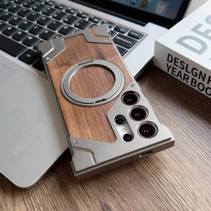 Borderless Phone Cover Wood Grain Aluminum Alloy Holder Magnetic Phone Case - Image 4