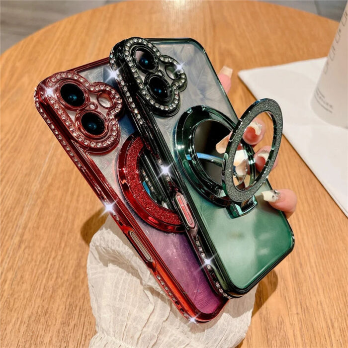 Rhinestone Gradient Feather Magnetic Bracket Phone case for iPhone 16ProMax 13 Mirror Makeup Plating 14/15pro Girls Soft Shell - Image 3