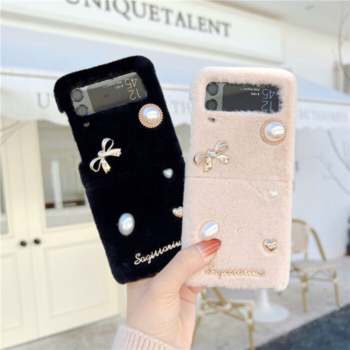 Luxury Pearl Cute Cartoon Warm Winter Girl Soft Fur PC Mobile Cell Phone Case - Image 2