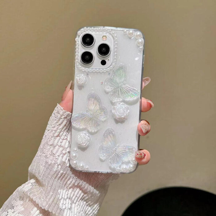 Fashion Girls Transparent Epoxy Heart Shaped Pearl butterfly Phone case - Image 2