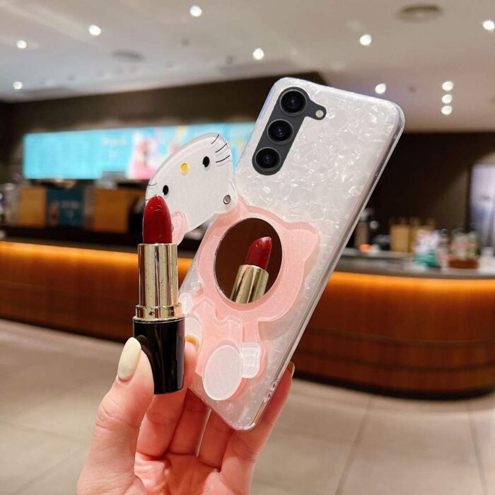 Hello Cute  Kitty Makeup Mirror Pink Shell Texture Phone Case - Image 2