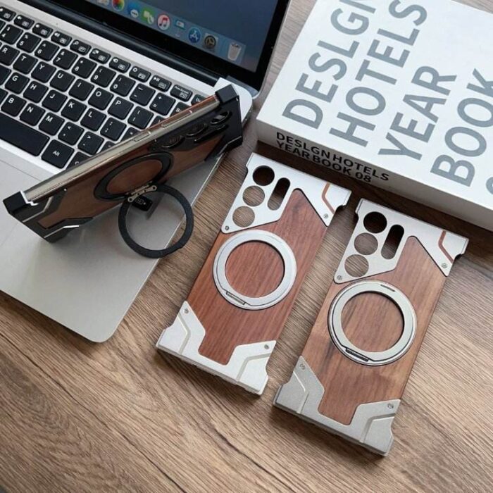 Borderless Phone Cover Wood Grain Aluminum Alloy Holder Magnetic Phone Case - Image 5