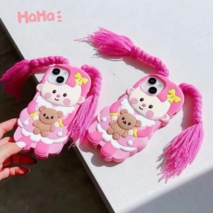 3D Cute Pink Braid Girl Silicone Drop- Proof Phone Case - Image 4
