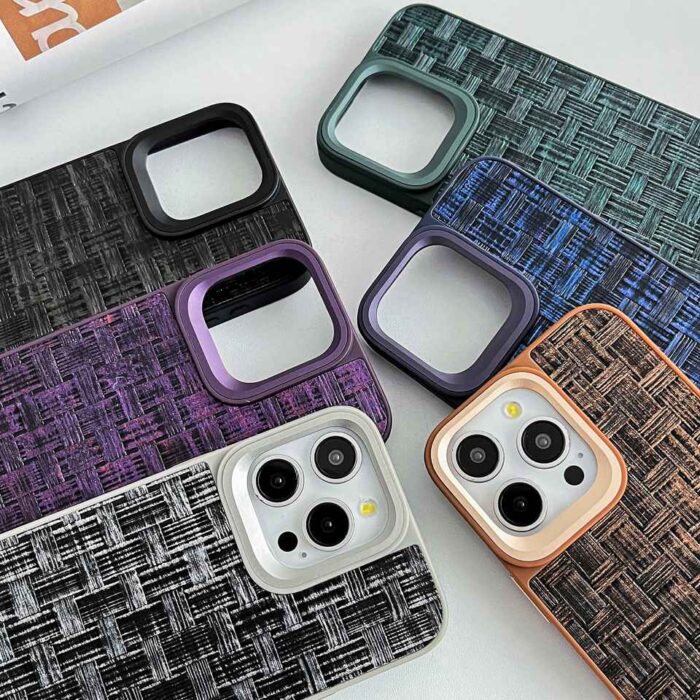 Top Popular Design Luxury Straw Mat Pattern Leather Metal Camera Ring Phone Case - Image 6