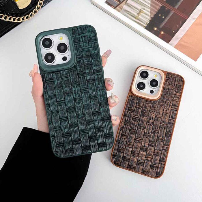Top Popular Design Luxury Straw Mat Pattern Leather Metal Camera Ring Phone Case - Image 4