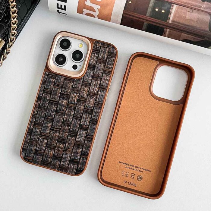 Top Popular Design Luxury Straw Mat Pattern Leather Metal Camera Ring Phone Case - Image 3