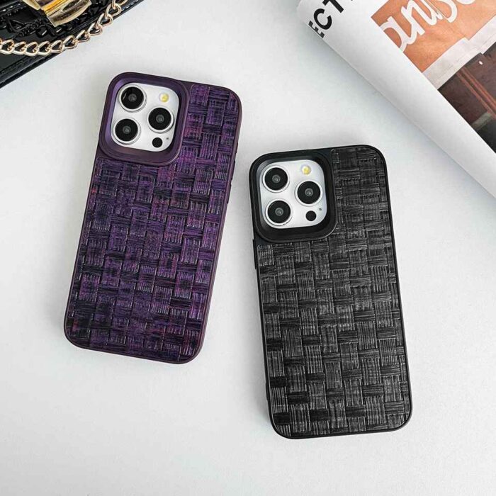Top Popular Design Luxury Straw Mat Pattern Leather Metal Camera Ring Phone Case - Image 1