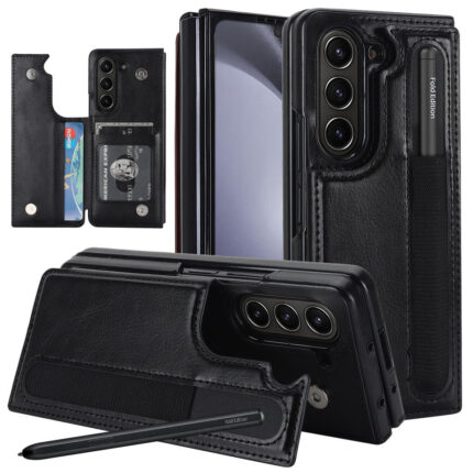 For Samsung Z Fold Mobile Phone case with Pen Pocket and Card Double Magnetic Buckle Protective Cover