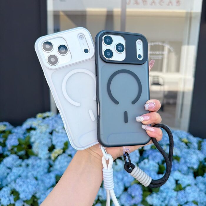 Frosted Camera Protection Shockproof Bumper Wireless Charge with Nylon Hand Strap for iPhone Cases Lanyard - Image 2