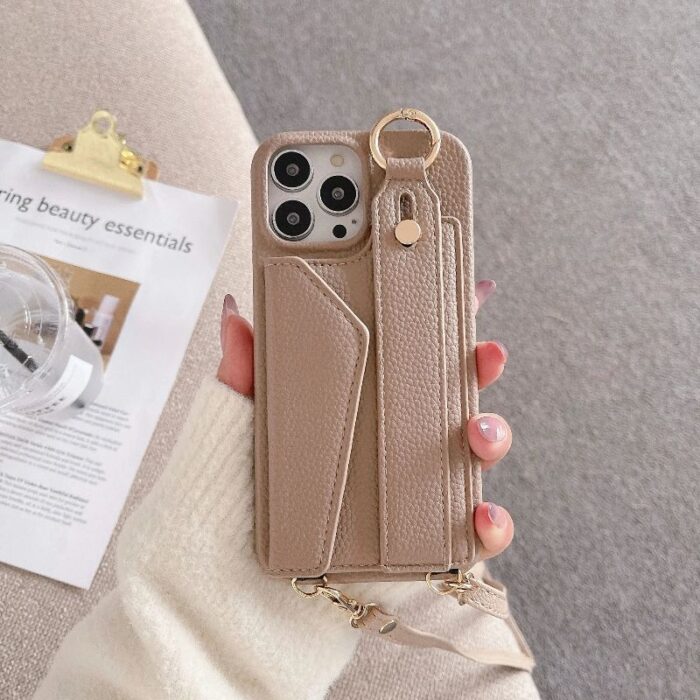 Crossbody Wrist Strap Wallet Leather Cover for iPhone - Image 4