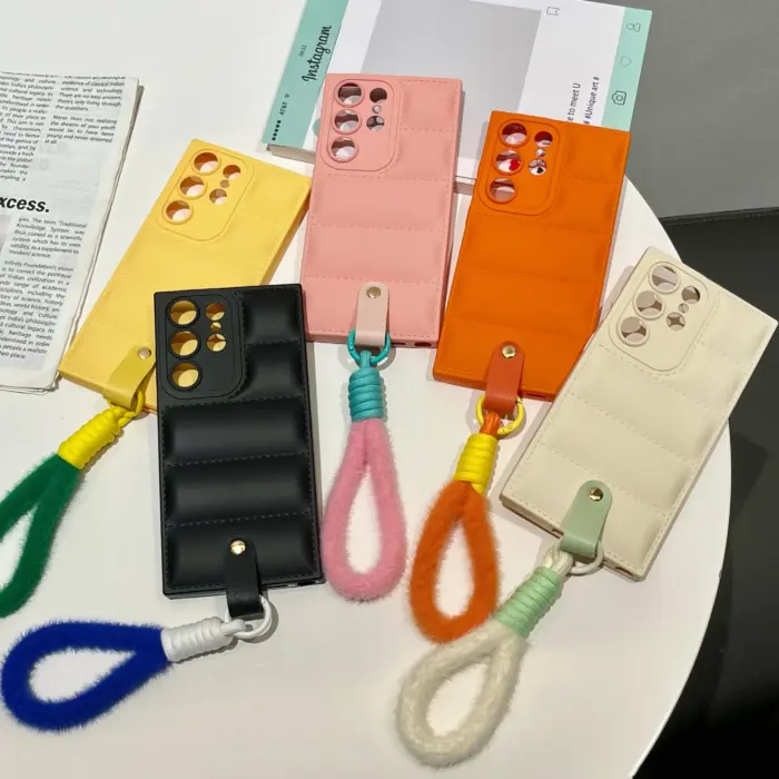 Puffer Soft TPU Phone Case for Samsung Furry Wrist Chain Strap Cover - Image 7