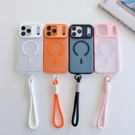 Frosted Camera Protection Shockproof Bumper Wireless Charge with Nylon Hand Strap for iPhone Cases Lanyard