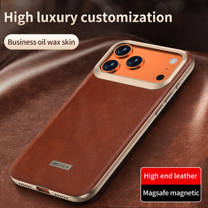 Luxury  Magnetic Case for Iphoe 17 Pro Max Phone Shockproof TPU+PU with Anti-Slip Edge Oil Wax Leather Design 5